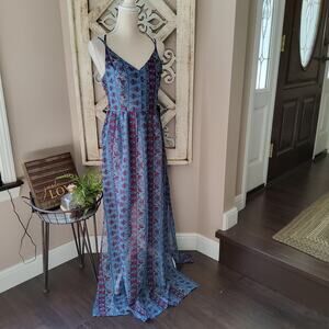 Doe & Rae Women's Sleeveless Strappy Maxi Dress with Side Slits in Blue & Red